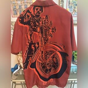 HARLEY-DAVIDSON ORANGE & BLACK Y2K BUTTON UP DUAL GRAPHIC PRINT SHIRT SIZE MED